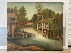 🔥 Antique Old American Southern Folk Art River Landscape Oil Painting, 1860s
