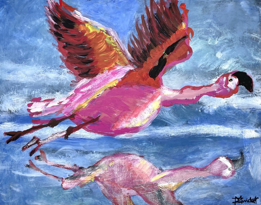 Original Flamingo Acrylic Painting Flying Pink Bird Art Cradled Wood Panel 11×14