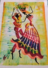 Dancing Figures Women Children Folk Art 3 Original Oil Paintings H 14×W 9