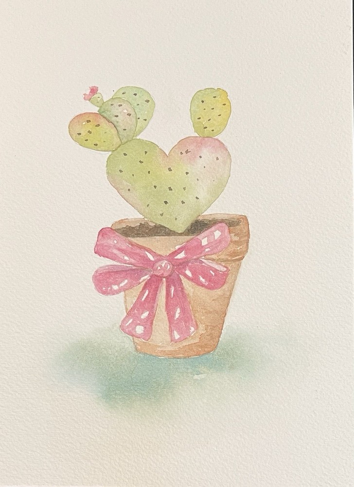 Cactus Heart Potted Plant Original Watercolor Painting