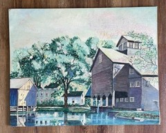 Vtg 1954 W.S. McFadden Oil Painting on Canvas Grist Mill Landscape Signed MCM