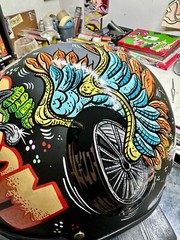 Custom Painted Motorcycle Helmet Weirdo Flying Eyeball Skull Wing Wheel Grafitti