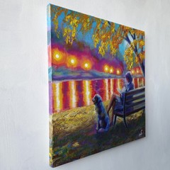 Original Acrylic Landscape Painting Lake Impressionist Woman Dog Wall Art Decor