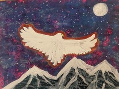 Contemporary Bird Painting – Moon Night Sky Over Mountains Nature Landscape