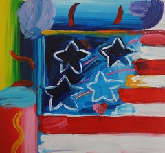 Fine unique painting – Pop art composition, US flag, signed Peter Max