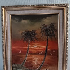 Listed Artist R. Singer MCM Florida Sunset, Palm Trees, Gold Framed Painting