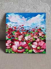 original oil painting Red Poppy Wildflowers Floral Landscape wall art 6*6 in