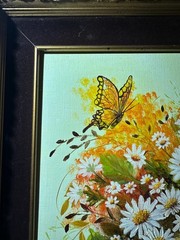 Floral Oil Painting Basket Daisies Butterflies „F. White“ Vintage 26″x22″ Framed