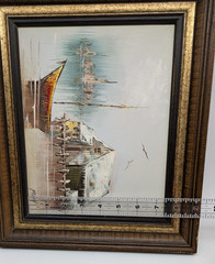 Original Oil Painting Signed Fleet Framed Harbor Scene Fishing Junk Sailing Boat