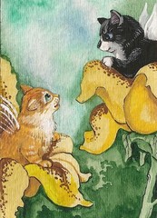 PRINT OF ACEO PAINTING RYTA ANGEL FAIRY TUXEDO CAT TABBY FLOWERS SPRING Folk Art