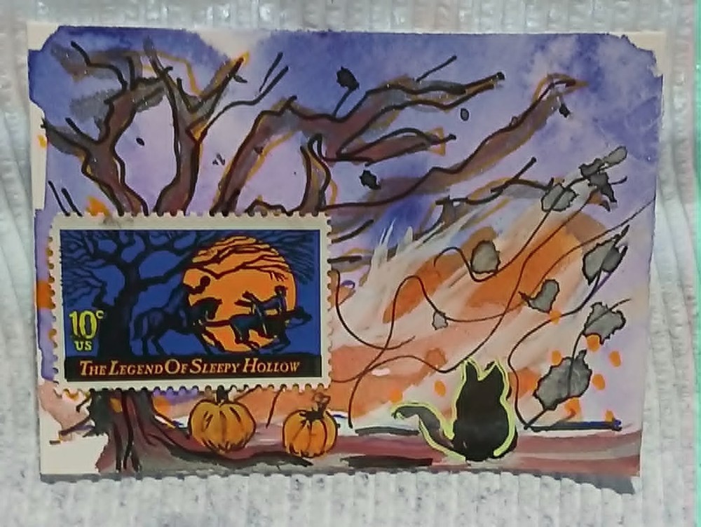 Postal Whimsy OOAK ACEO – Sleepy Hollow 10¢ Stamp Storybook Watercolor Scribble
