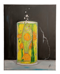 Fish in a Bottle Acrylic Painting Canvas Signed PVytautas 20×16 Inch Green Black