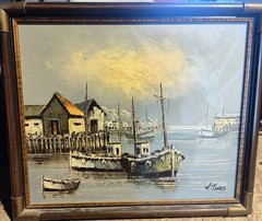 Vintage Seascape Signed Oil on Canvas Painting Sailboats Harbor Dock
