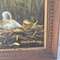 Vntg Oil Painting Swan And Cygnets On Nest Framed Signed
