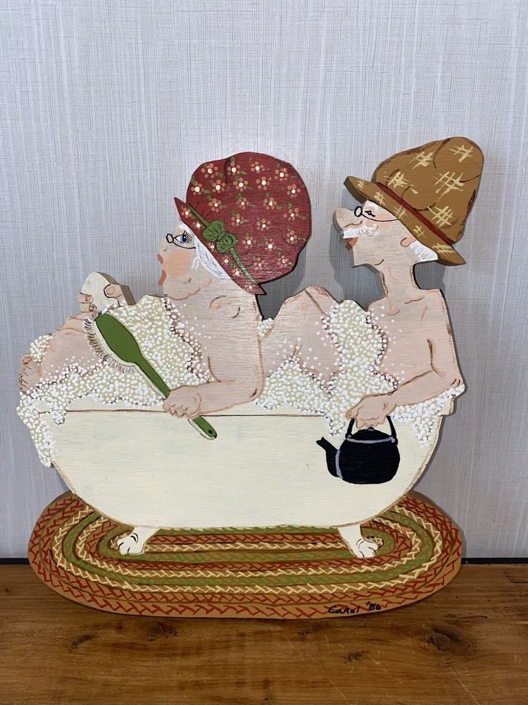 Vintage Grandma And Grandpa In Bath Tub 11” Painting On Wood Wall Hanging Decor
