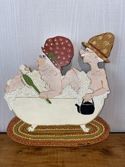 Vintage Grandma And Grandpa In Bath Tub 11” Painting On Wood Wall Hanging Decor
