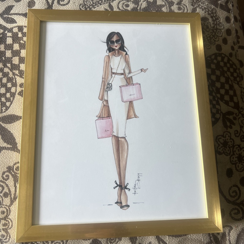 Framed Fashion Illustration – Elegant Woman with Shopping Bags Chic Wall Art