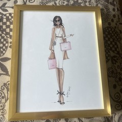 Framed Fashion Illustration – Elegant Woman with Shopping Bags Chic Wall Art