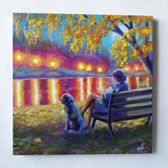 Original Acrylic Landscape Painting Lake Impressionist Woman Dog Wall Art Decor