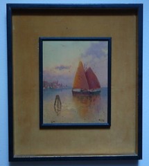 Original Oil Painting on Board. Sailboats near Harbor at Sunset by Franz Waldegg