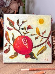 Original Painting Pomegranate Floral Vintage Cottagecore Acrylic on Canvas 8×8