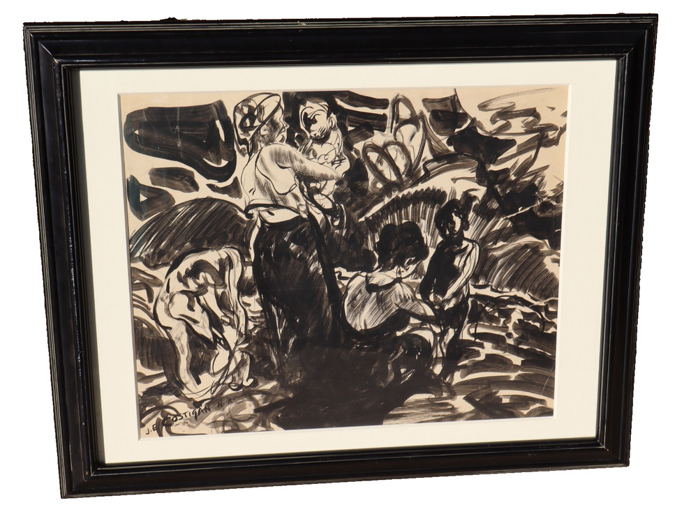 JOHN EDWARD COSTIGAN Original Ink and/or mixed media Painting of Bathers, As IS