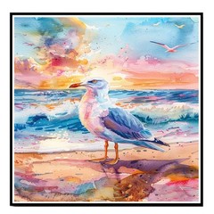 Seagull by Ocean Shore in Sunset Watercolor Scene Canvas Wall Art