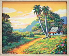J Carrols Oil Painting Tropical Island Landscape at Sunset Colorful 12.25×14.25″
