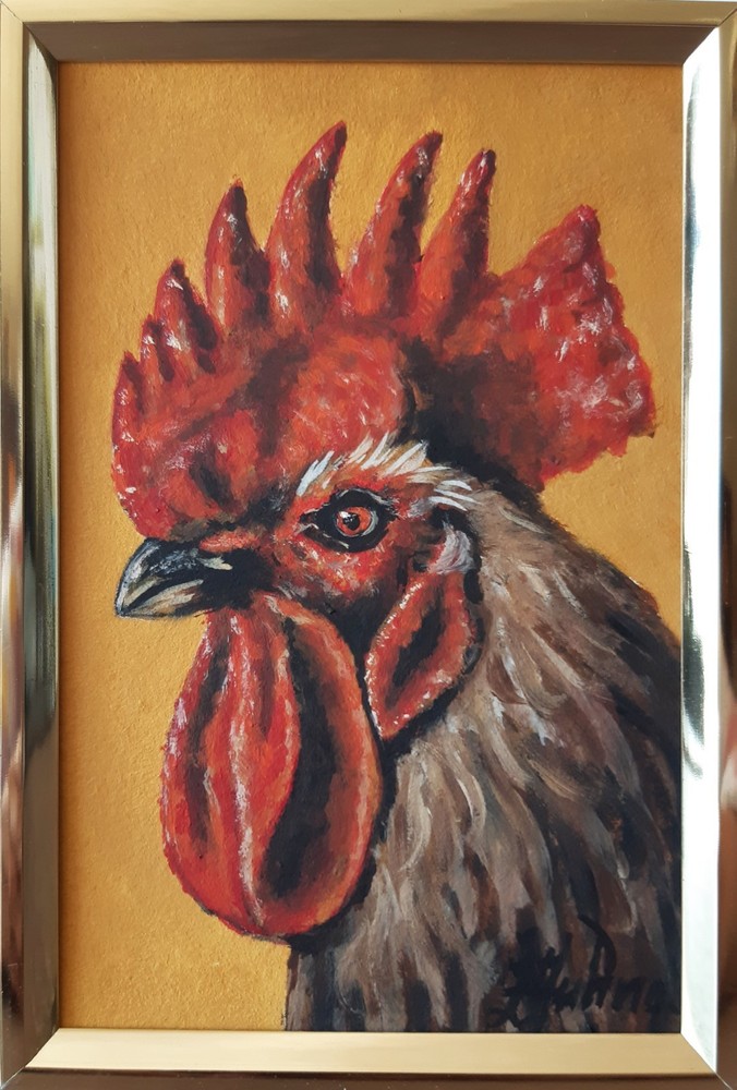 Rooster Original Oil Painting Farm Animal Portrait Framed 6 x 4 in Animal Art