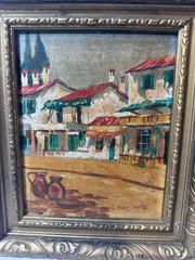 Rudy White „Village Street With Homes Scene“ Oil Painting – Signed And Framed