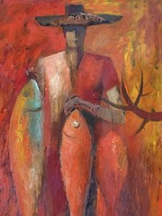 ANTHONY RIZZO VINTAGE MODERN ABSTRACT CUBIST CUBISM OIL PAINTING RED FISHERMAN