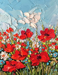 Flower Original Oil painting Poppies on Panel 10x8in Floral Impasto Art Signed