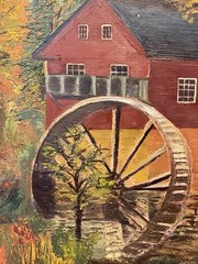 Vintage Original Oil Painting Red Grist Mill Water Wheel Autumn Landscape Art