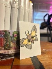 Original „Golden Winged Friend“ ACEO Alcohol Marker Art – OOAK Moth Miniature