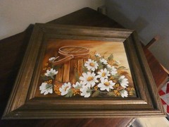 Daisies by Wood Basket Original Oil Painting Signed Mozell