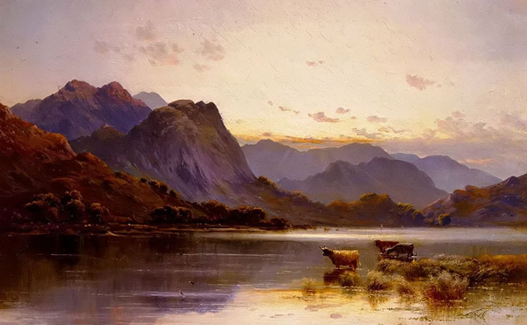 Ｏｉｌ　ｐａｉｎｔｉｎｇ Alfred Fontuale DeBreanski – cattle at dusk by river landscape