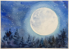 Original Watercolor Painting Landscape Nature Moon Stars Night – 5×7 inches