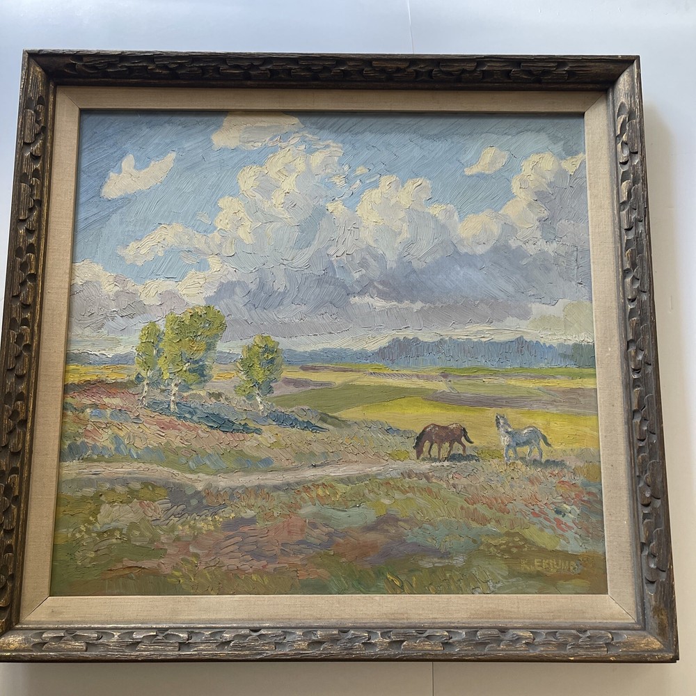 KALLE EKLUND ANTIQUE LANDSCAPE PAINTING IMPRESSIONISM WILD HORSES SANDZEN STYLE