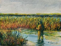 Original Oil Painting Fisherman in Marsh Wetland Landscape 12×16 Andy Semberecki