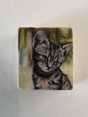 Gray Tabby Kitten Cat Art Miniature Oil Painting Original Scrabble Tile OOAK