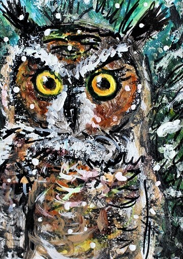 ORIGINAL ACEO PAINTING Great Horned OWL Winter BIRD Snow Animal Nature ATC ART
