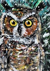 ORIGINAL ACEO PAINTING Great Horned OWL Winter BIRD Snow Animal Nature ATC ART