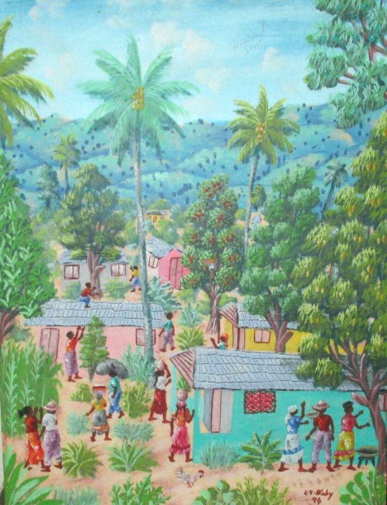 L.Y.ALABY ORIGINAL OIL ON CANVAS HAITIAN PEOPLE LANDSCAPE PAINTING