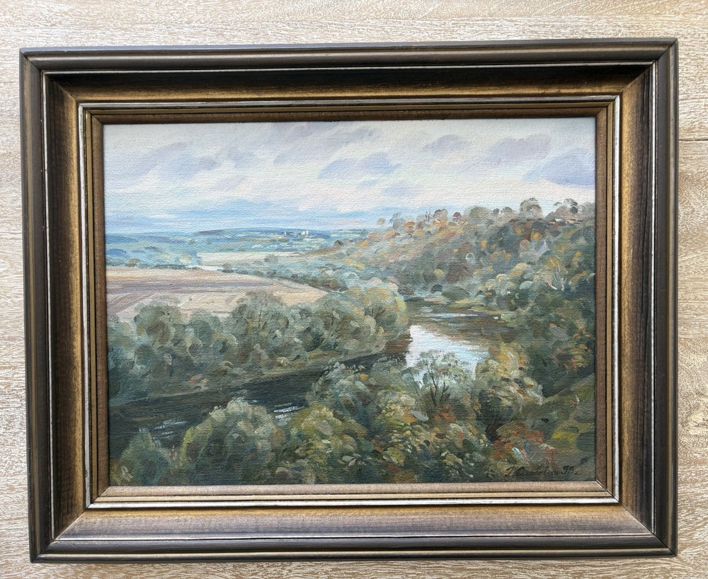 Vintage 1992 Russian Realism Landscape Painting – „Blue Distances“, Framed