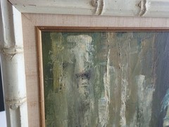 Mid Century Bakjo Kim South Korea Artist Oil on Canvas Painting Elder Man Woman