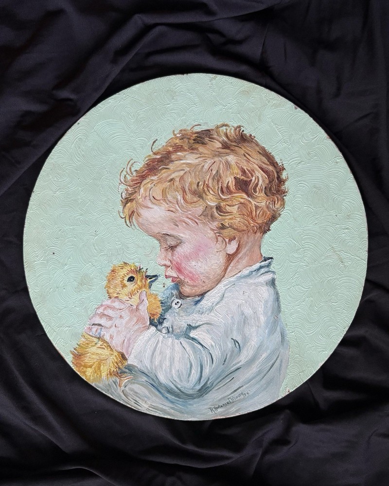 Little Boy With Duckling Original Painting On Wood Board 11” With Gift Note 1934