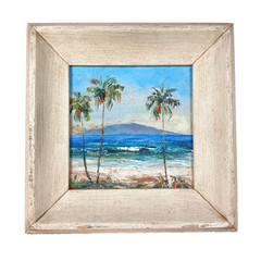 Vintage Tropical Paradise Beach Landscape Oil Painting Waves Palm Trees Unsigned