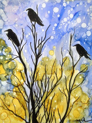 Original BLACK CROWS RAVENS BIRDS ON TREE BRANCHES Landscape Painting ART 8X10