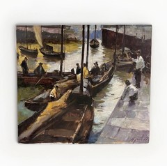 KRYEV Signed Original Oil Painting Harbor Seascape Boats Impressionist Art 20×22