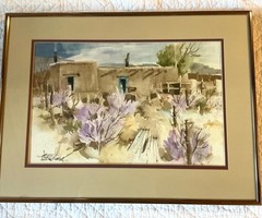 Watercolor PAINTING fall trees landscape hand painted original vintage by Olsen